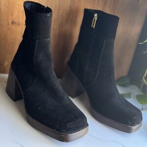 ASOS Design Wide Fit Region suede mid-heel boots in Black